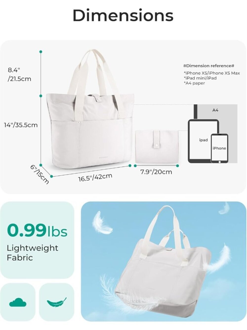 Women Beige Large Foldable Tote Bag Zipper Travel Work Shoulder Bag - Picture 4 of 6